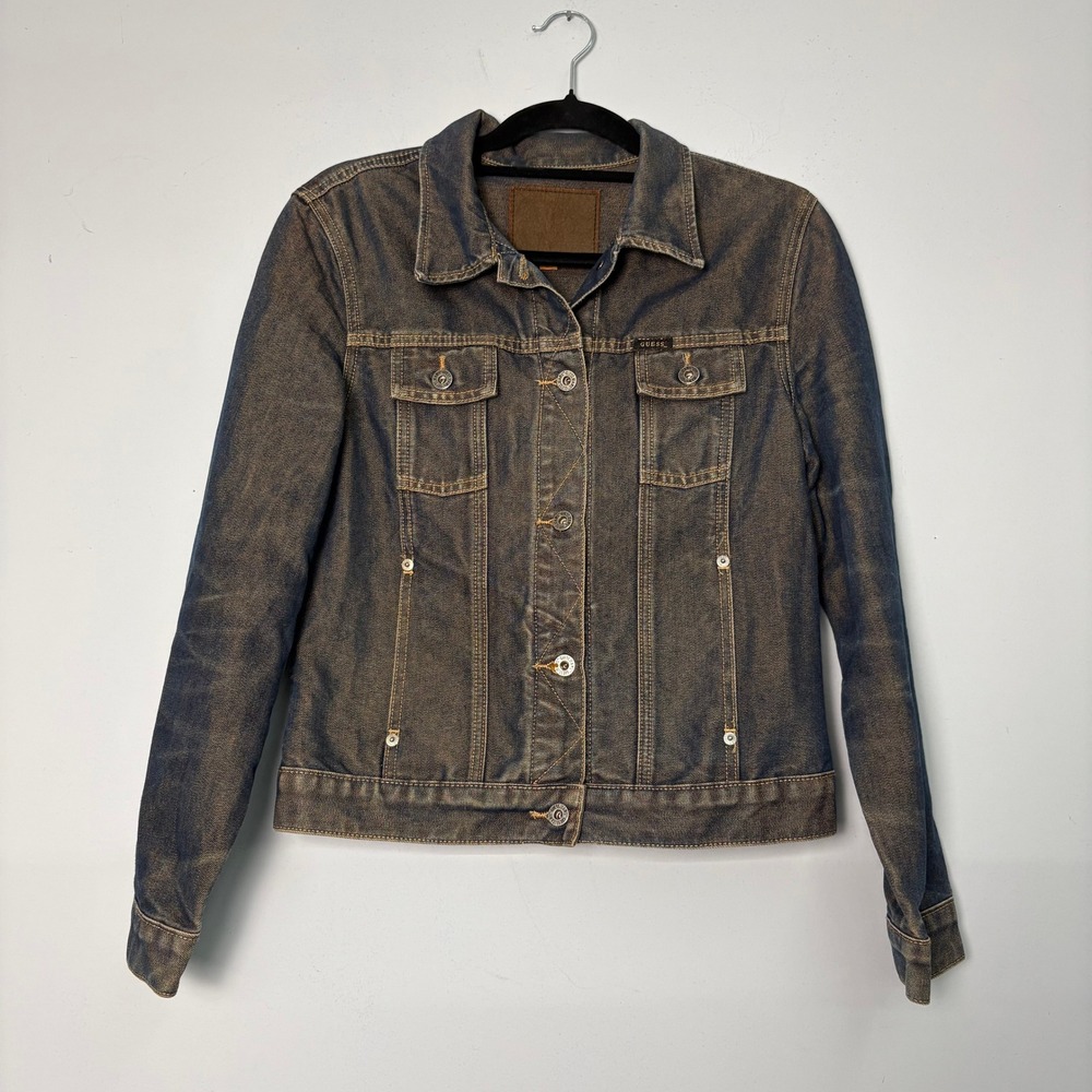 Guess Womens Dark Wash Denim Trucker Jacket‎ Bronze Tint Y2K Vintage Large